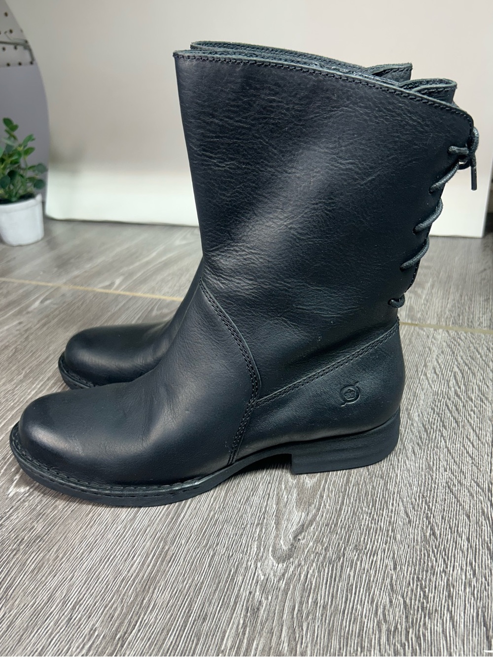 BORN  Leather Mid-Calf distinctive corseted Lace-up on the Back of the shaft